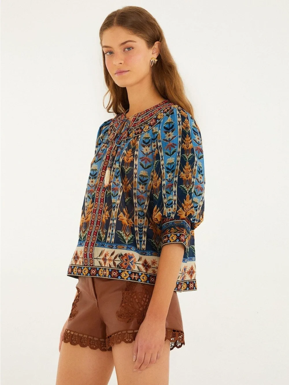 Farm Rio Blue Embroidered Tapestry Tassels Puff Sleeve Blouse